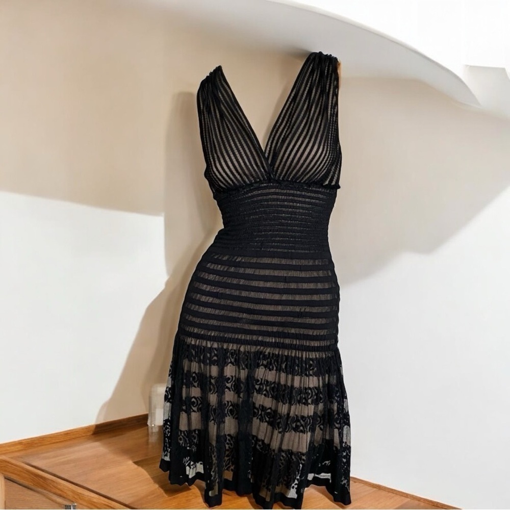 Black V-Neck Lace Panel Midi Dress